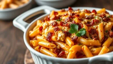Macarronada Cremosa Com Frango: Fácil E Sem Talhar 45 Uma travessa de macarronada com molho cremoso alaranjado, pedaços de frango desfiado e bacon dourado, coberta com queijo gratinado borbulhante.