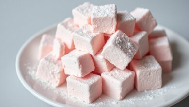 Maria Mole De Gelatina: Fofinha E Pronta Em 20 Minutos 43 Cubos de maria mole de gelatina rosa, fofinhos e polvilhados com amido, empilhados em um prato branco.