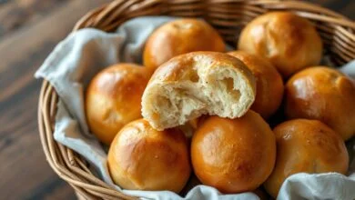 Mini Pães Caseiros Fofinhos Em 40 Min: Receita Fácil 54 Cesta de mini pães caseiros dourados e macios, com acabamento brilhante de manteiga, prontos para o café da manhã.