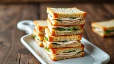 Mini Sanduíche Para Festa: Rápido, Crocante E Sem Escorrer 35 Mini sanduíches quadrados com pão dourado, recheio de peito de peru e cream cheese, alface visível nas bordas, arrumados em prato branco.