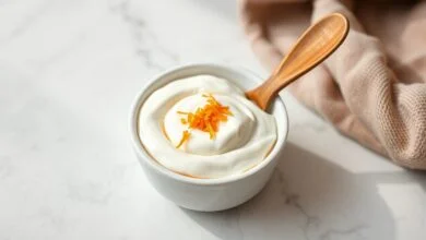 Molho De Iogurte E Laranja: Cremoso Em 5 Minutos 46 Tigela branca com molho cremoso de iogurte e laranja, com raspas de casca de laranja por cima e uma colher de madeira ao lado.