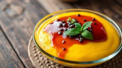 Mousse De Maracujá Sem Leite Condensado: Cremosa E Leve 52 Mousse de maracujá em refratário oval, com textura aveludada, coberta por calda brilhante de polpa com sementes escuras visíveis, pronta para servir.