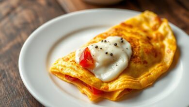 Omelete Recheada Com Queijo E Tomate Em 8 Minutos 46 Omelete dourada e recheada, com muçarela derretida escapando pelo meio e fatias de tomate douradas, servida em prato branco sobre mesa de madeira.