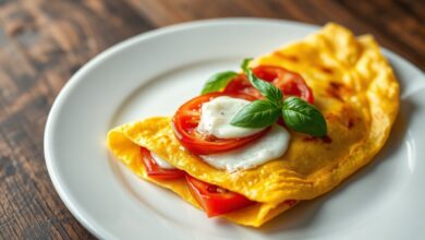 Omelete Recheada Perfeita: Sem Centro Aguado Em 10 Min 42 Omelete dourada e recheada, aberta para revelar o queijo derretido e o tomate macio no centro, pronta para servir.
