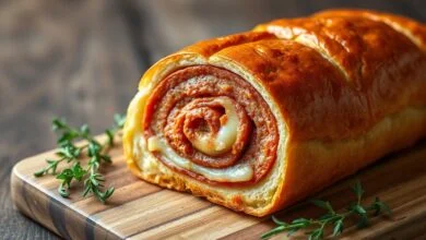 Pão Caseiro Recheado De Calabresa: Fofinho E Pronto Em 2h 42 Pão dourado, fatiado, com espiral de recheio de calabresa e queijo derretido visível.
