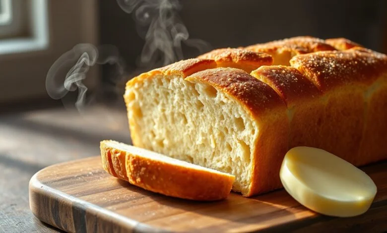 Pão De Maisena Fofinho: Receita Leve Que Derrete Na Boca 6 Pão de amido de milho dourado e aerado fatiado em uma mesa de café da manhã.