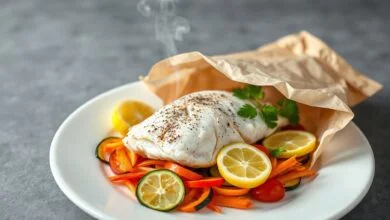 Papillote De Abadejo Fofinho E Saudável Em 35 Minutos 46 Um pacote de papel manteiga dourado e inflado, recém-aberto à mesa, revelando um filé de abadejo branco e macio sobre uma cama vibrante de cenoura, abobrinha e tomate, com rodelas de limão e salsinha fresca.