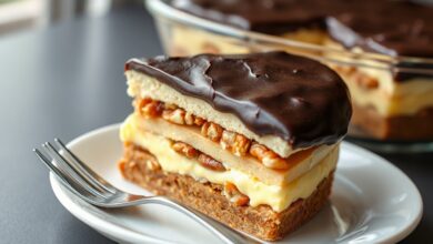 Pavê De Nozes Crocante Com Ganache: Pronto Em 30 Min 57 Fatia generosa de pavê sendo servida, revelando camadas perfeitas de creme branco, biscoito e nozes tostadas, coberta por uma camada sólida de ganache de chocolate que quebra levemente.