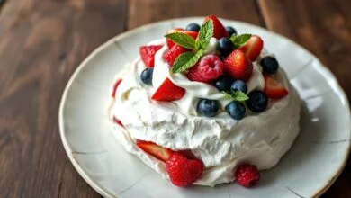 Pavlova Com Frutas Vermelhas: Cremosa Interior Marshmallow 55 Sobremesa branca e elegante com casca rachada revelando interior macio, coberta por creme chantilly e frutas vermelhas vibrantes.