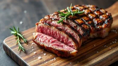 Picanha Na Churrasqueira Perfeita: Técnica Uruguaia Suculenta 41 Picanha fatiada em bifes grossos com crosta dourada e gordura crepitante, servida em tábua de madeira rústica.