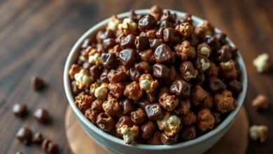 Pipoca Com Chocolate: Receita Crocante Feita Em Uma Só Panela 35 Pipoca doce com cobertura brilhante de chocolate servida em uma tigela grande