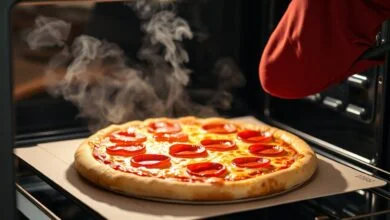 Pizza Na Caixa De Papelão: Seguro Ou Perigoso? Descubra 57 Uma pizza congelada de pepperoni sendo retirada do forno, com o queijo borbulhante e a borda dourada, ainda sobre a base de papelão.
