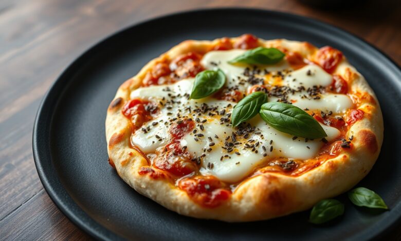 Pizza De Frigideira De Tapioca: Receita Crocante E Rápida 9 Pizza individual com bordas douradas, queijo muçarela derretido e folhas de manjericão fresco