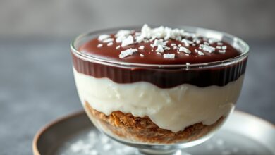 Sobremesa De Prestígio Na Travessa: Receita Cremosa E Fácil 43 Travessa de vidro mostrando as camadas de coco e chocolate