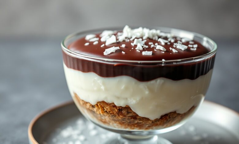 Sobremesa De Prestígio Na Travessa: Receita Cremosa E Fácil 1 Travessa de vidro mostrando as camadas de coco e chocolate