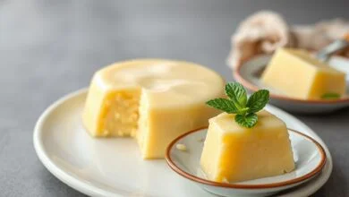 Pudim De 2 Ingredientes Sem Forno: Fácil E Cremoso 52 Pudim cremoso e dourado, fatiado em prato branco, com textura aveludada.