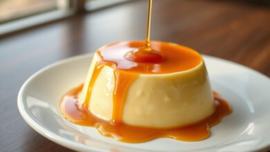 Pudim De Leite Cremoso: Receita Fácil, Lisa E Sem Furinhos 39 Pudim de leite inteiro, desenformado, com calda âmbar escorrendo pelas laterais.