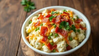 Salada De Batata Com Bacon Cremosa E Crocante Em 40 Min 62 Travessa de salada de batata cremosa com cobertura de bacon dourado e crocante, cenoura ralada e cheiro-verde fresco.