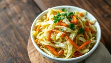 Salada De Repolho Refogado: Fácil, Macia E Sem Amargor 45 Tigela com tiras macias de repolho refogado, com pedaços de cenoura ralada e salsinha fresca, pronta para servir.