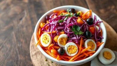 Salada Fit Cremosa E Crocante Em 15 Min Com Molho Picante 43 Tigela branca com salada vibrante de repolho roxo, cenoura laranja, tomates cereja, palmitos, ovos cozidos e molho cremoso de páprica, finalizada com folhas verdes.