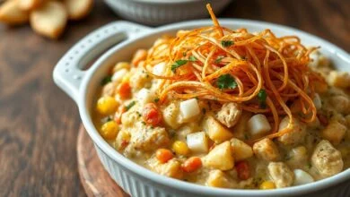 Salpicão De Frango Cremoso Fácil: Pronto Em 40 Min 56 Travessa generosa de salpicão cremoso, com a superfície coberta por uma camada dourada e crocante de batata palha, pronta para servir.
