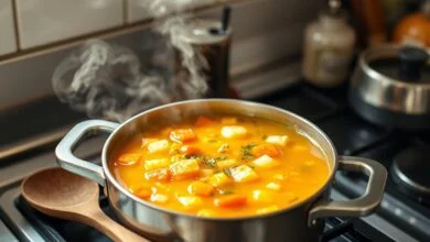 Como Consertar Caldo Salgado Em 15 Min (Sem Estragar) 6 Uma panela de sopa dourada e apetitosa, com legumes e ervas, pronta para servir após a correção do sal.