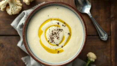 Sopa De Couve-Flor Cremosa E Aveludada Em 35 Minutos 41 Uma tigela aveludada de sopa de couve-flor, finalizada com um fio de azeite de oliva e pimenta-do-reino moída na hora.