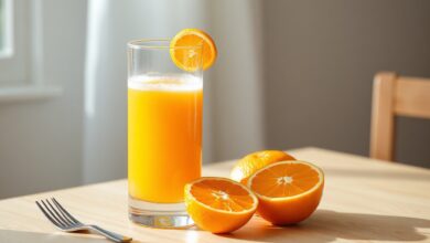 Suco De Laranja Sem Espremedor: Rápido E Com 20% Mais Suco 46 Um copo de vidro com suco de laranja fresco, vibrante e espumoso, acompanhado de meias-laranjas e um garfo, pronto em 5 minutos.