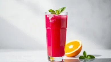 Suco Rosa Detox: Receita Fácil E Refrescante Em 5 Minutos 43 Bebida vibrante e refrescante servida em copo de vidro, com cor rosa intensa e guarnição de folhas de hortelã.
