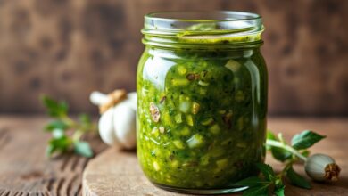 Tempero Mineiro Caseiro: A Base Aromática Para Feijão E Carnes 59 Um pote de vidro cheio de tempero mineiro caseiro, com cor verde intensa e pedaços de alho e cheiro-verde visíveis, pronto para usar na cozinha.