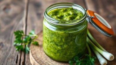 Tempero Pega Marido Caseiro: Fácil E Saboroso Em 10 Min 61 Um pote de vidro transparente com a pasta verde vibrante do tempero pega marido, acompanhado de folhas frescas de salsa e cebolinha.