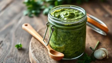 Tempero Verde Caseiro Cremoso E Versátil: Pronto Em 10 Min 42 Pote de vidro transparente com tempero verde cremoso, cor vibrante, colher de madeira apoiada ao lado