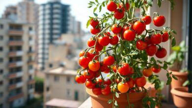 Tomate Cereja Em Vaso: Guia Completo Para Colher Em 70 Dias 43 Planta de tomate cereja produtiva em vaso, com frutos vermelhos e cachos cheios, tutorada com bambu em um espaço de apartamento ensolarado.