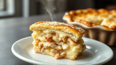 Torta De Batata Com Frango Cremosa E Fácil Em 50 Minutos 44 Torta gratinada com camada superior dourada de queijo parmesão, fatia generosa revelando o recheio cremoso de frango e o purê de batata firme.