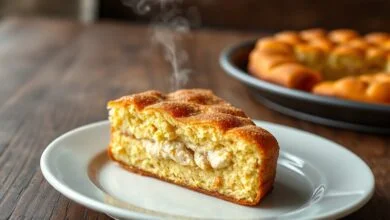 Torta De Liquidificador Sem Farinha De Trigo: Rápida E Leve 56 Fatia generosa de torta salgada dourada, mostrando o recheio cremoso de frango e a massa leve.
