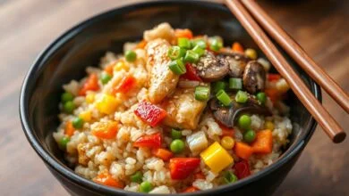 Yakimeshi Caseiro Com Frango Marinado: Pronto Em 25 Min 48 Yakimeshi com grãos soltinhos, frango dourado, legumes coloridos e cebolinha fresca.