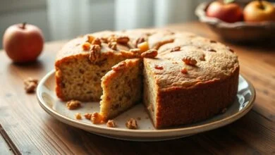 Bolo De Maçã Com Nozes E Passas: Fofinho E Feito No Liquidificador 42 Bolo dourado e alto com cobertura rústica de maçãs caramelizadas, nozes e passas.