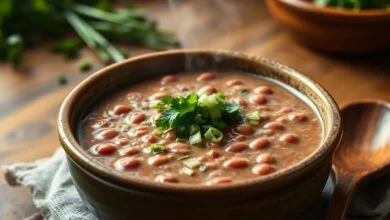 Caldo De Feijão Cremoso E Fácil: Pronto Em 15 Minutos 41 Caldo de feijão espesso e fumegante servido em uma tigela rústica com ervas frescas.