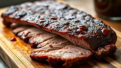 Costela De Porco Defumada: Macia E Desmanchando Na Boca 41 Fatias generosas de costela de porco defumada, com casca (bark) escura e brilhante, exposta a carne macia e desfiando, servida em uma tábua rústica.