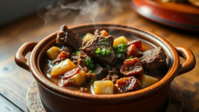 Costela Com Mandioca E Bacon: Cozido Cremoso E Suculento 44 Um prato reconfortante de costela de boi desfiada com mandioca macia e cubos de bacon dourado, servido em uma panela de barro com caldo encorpado e salsinha fresca.