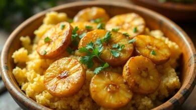 Farofa De Banana: Receita Crocante E Fácil Em 15 Minutos 40 Prato de farofa dourada com rodelas de banana visíveis e ervas frescas