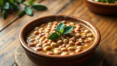Feijão Carioca Cremoso: Receita Fácil E Muito Saudável 38 Prato fundo com feijão carioca de caldo grosso e brilhante, decorado com louro.