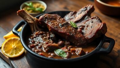 Feijoada Com Costela Defumada: Receita Com Caldo Aveludado 44 Prato fundo de feijoada com caldo denso e pedaços generosos de costela