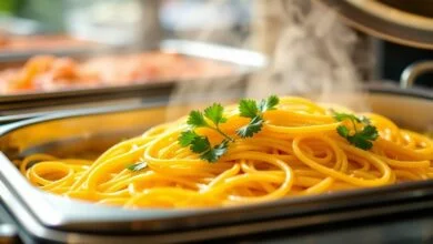 Como Manter Macarrão Quente: Técnica Para Massa Soltinha 39 Massa tipo espaguete mantida aquecida em um rechaud profissional de buffet