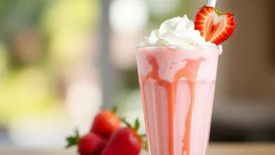 Milk Shake De Morango Cremoso: Receita Fácil De 5 Minutos 45 Um copo alto com milk shake rosa vibrante, decorado com calda e morangos frescos.