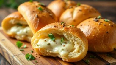 Pão De Alho Para Churrasco: Caseiro, Cremoso E Pronto Em 20 Min 45 Pães franceses dourados e crocantes, recheados com pasta cremosa de alho e queijo, servidos como acompanhamento de churrasco.
