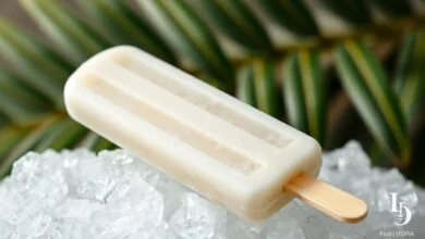 Picolé De Coco Com Leite Condensado Cremoso E Fácil 57 Picolé artesanal de cor branca leitosa, com pedacinhos de coco ralado visíveis, apresentado de forma elegante.