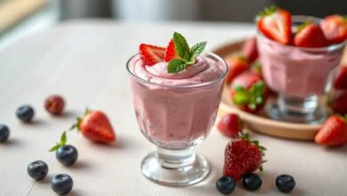 Sobremesa De Morango No Liquidificador: Cremosa E Sem Forno 49 Sobremesa cremosa de cor rosa vibrante em uma taça de vidro transparente, com camadas suaves e cobertura de morangos frescos fatiados.