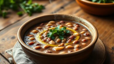 Sopa De Feijão Cremosa: Receita Fácil E Nutritiva Em 30min 42 Tigela de sopa de feijão fumegante com ervas frescas e pão rústico ao lado