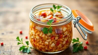 Tempero Caseiro Completo: Receita Fácil, Potente E Duradoura 43 Pote de vidro rústico com o tempero finalizado mostrando cores vibrantes e textura rica